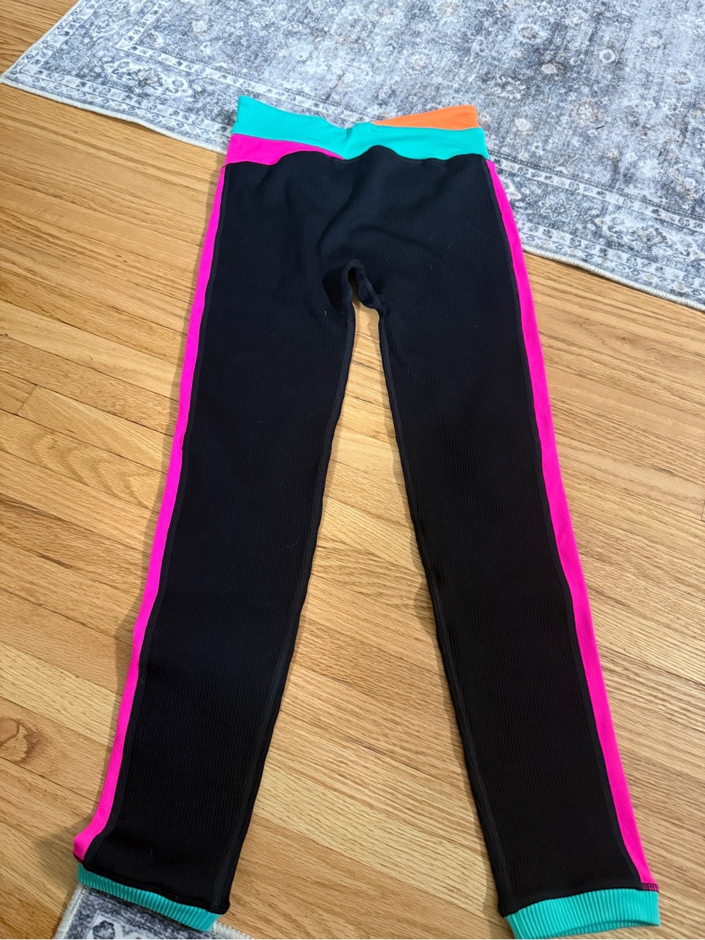 Black Ribbed Leggings with Pink Side Stripes and Teal+Orange Waistband